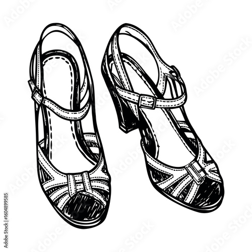 A pair of elegant high-heeled shoes with an open toe design. The shoes are black and white with a stylish strap detail.