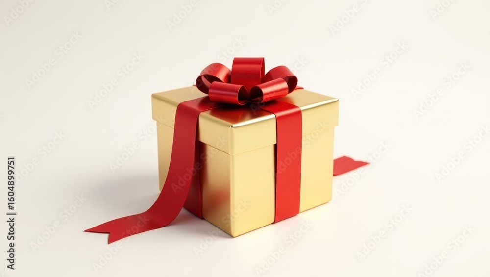 Obraz premium A gold gift box with a red ribbon and bow.