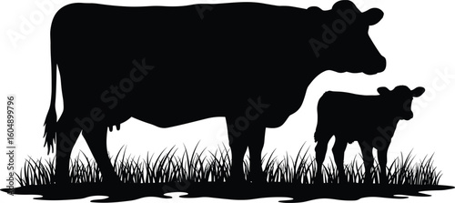 Cow and calf grazing silhouette, farm animals in field, rural livestock sketch, nature scene, black vector art, peaceful countryside moment