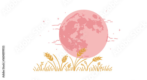 Pink moon shining over a field of wheat.