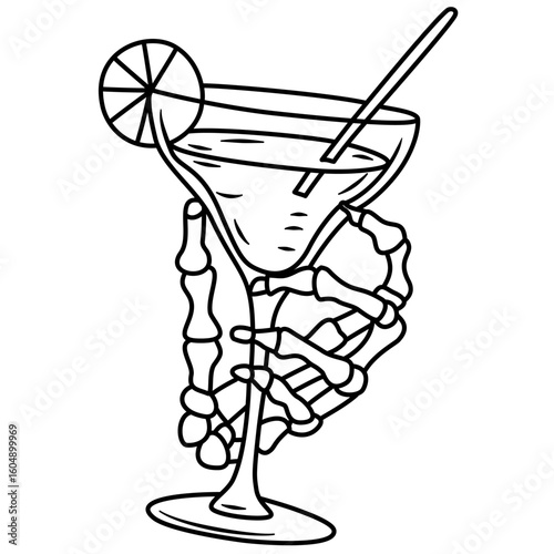 Flat cartoon vector skeleton hand holding Halloween drink. Spooky party cocktail with creepy decoration. Festive beverages, holiday celebration design, bar menu, seasonal visuals