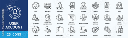 User account icon set. Containing profile, password, login, username, avatar, connect, add friend and more. Outline vector icons collection.