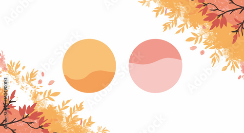 Artistic orange and pink circles adorned with autumnal elements. 