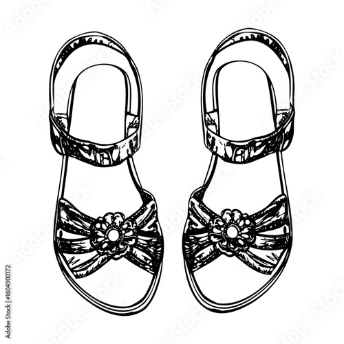 A pair of stylish sandals with a floral design. The sandals are open-toed and feature a bow on the front. They are suitable for summer wear.