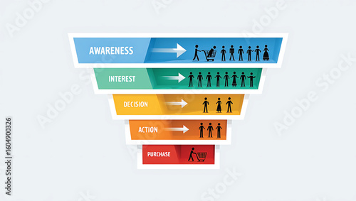 Sales funnel diagram with people icons and shopping cart marketing funnel customer journey