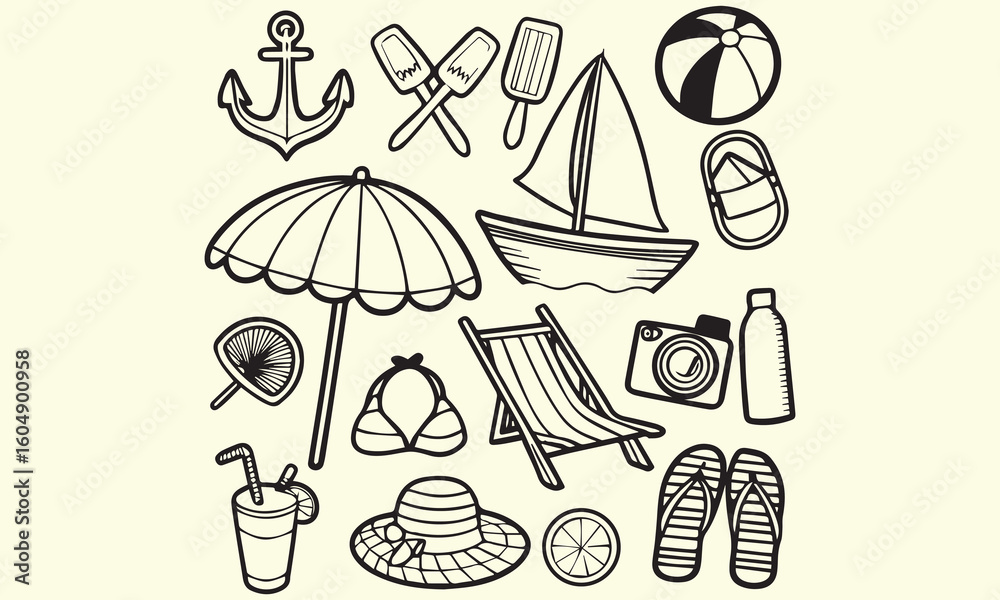 Obraz premium Tropical Beach & Summer Vacation Illustrations: Palm Trees, Sun, and Holiday Icons