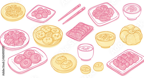 A variety of delicious food dishes artfully arranged on a surface.