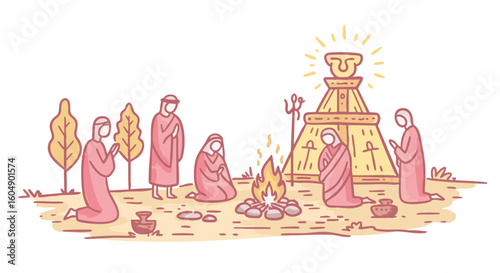A sacred gathering of people engaged in a religious ceremony.