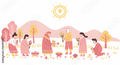 People gather to share and exchange flower. Depicting the act of giving, the painting highlights the essence of compassion.