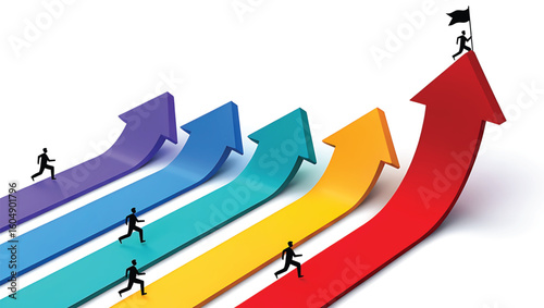 Silhouettes of people running up colorful arrows towards a flag success goal