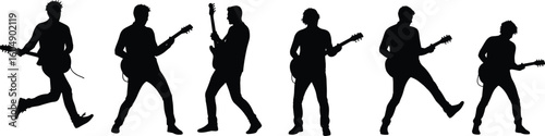 Guitarist silhouette set, dynamic poses, electric guitar performance, rock band art, black and white vector, music scene, stage action, concert