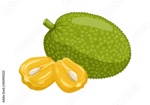 A cartoon jackfruit and two segments with seeds vibrant and detailed
