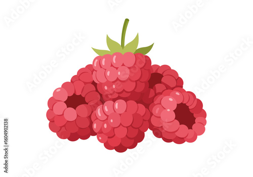 A cluster of five bright pink raspberries with green leaves on top