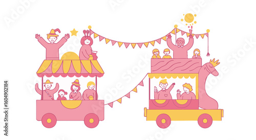 Illustration of festive parade with joyful people on the float.