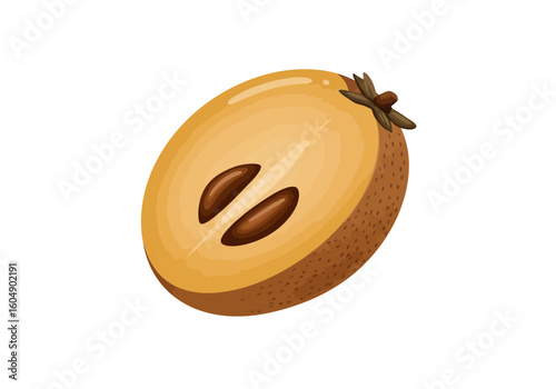 A cutopen ovalshaped sapodilla fruit revealing two dark seeds