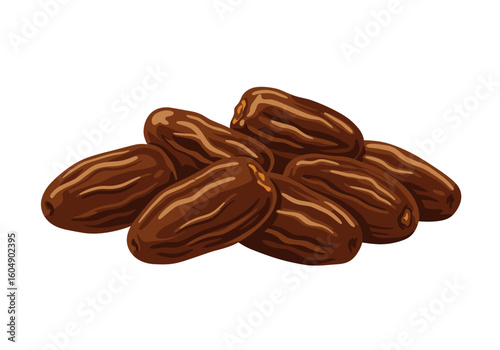 A pile of brown oblong dates with light striations and a slight sheen