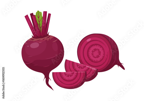 A whole beet with greens half a beet and two beet slices rest against a white background