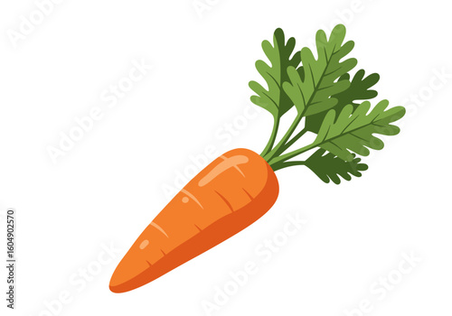 An orange carrot with green leaves protruding from the top