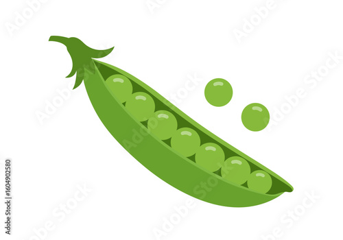An open pea pod shows seven peas with two loose beside the pod