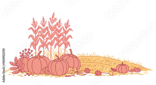 Autumn pumpkins and harvest elements creating a warm and festive autumn scene.