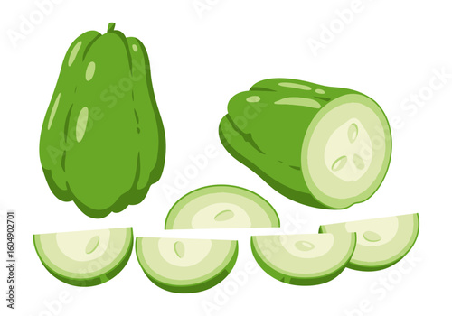Green chayote squash One whole one cut in half and four slices isolated on a white background