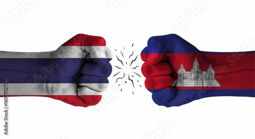 Two fists, painted with flags, clashing, symbolizing conflict and opposition.