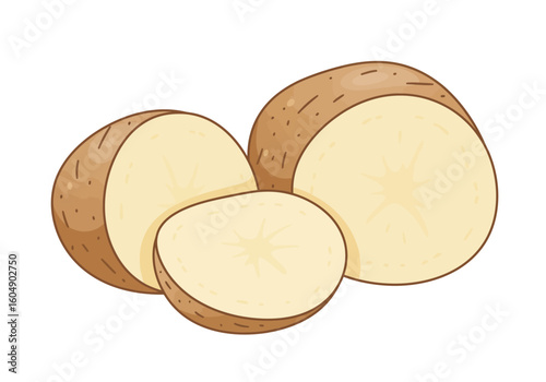 Illustrated image of sliced potatoes with light brown skin and creamy yellow flesh