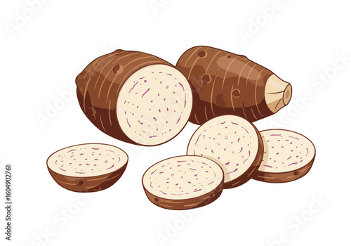 Image displays taro root whole and sliced with brown skin and speckled lightcolored interior