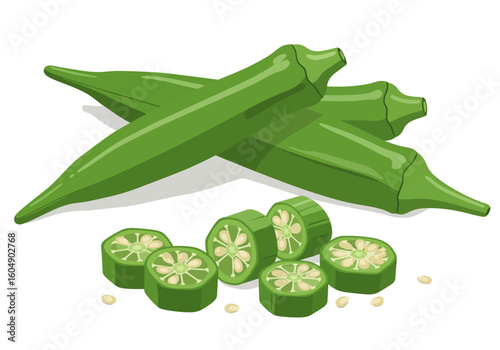 Illustration of whole and sliced okra pods with visible seeds