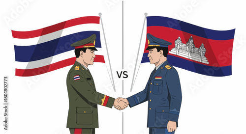 Vector illustration of Thai and Cambodian military leaders shaking hands. A concept of international relations, diplomacy, and versus confrontation.