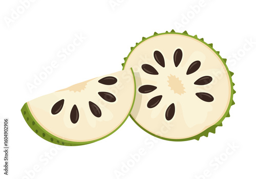 Soursop fruit cut with dark seeds and green rind