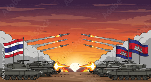 Conceptual illustration of an international military conflict with tanks and missiles firing during a tense border dispute at sunset.