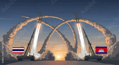 Conceptual illustration of military conflict between Thailand and Cambodia, showing missile launchers in a tense standoff at sunrise.