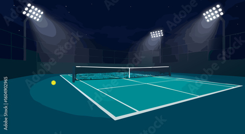 Tennis Court at Night Bright Stadium Lights Ball Sport Ready