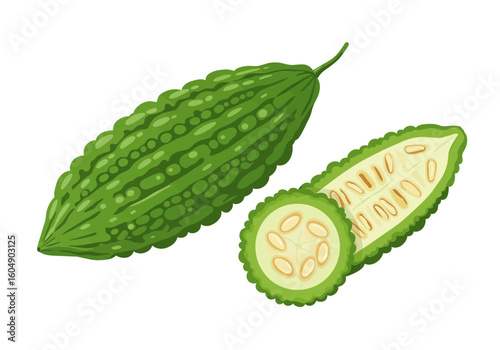 Two green ridged bitter melons one whole one sliced revealing pale seeds isolated on white