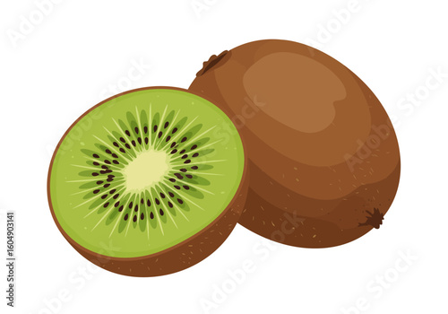 Two kiwis one sliced in half revealing green flesh and black seeds