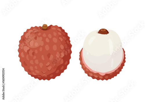 Two lychees one whole textured red the other peeled showcasing white pulp