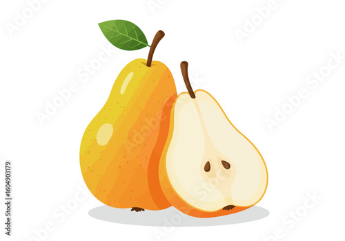 Two pears one sliced with a stem  leaf on a white background