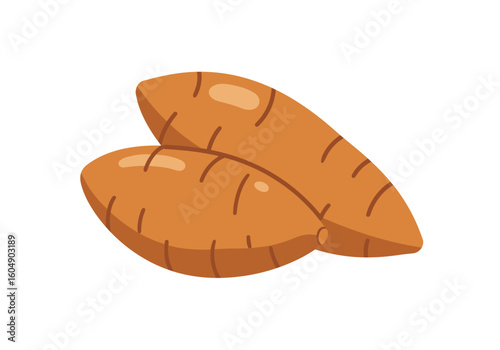 Two orange sweet potatoes lie sidebyside on a plain white backdrop