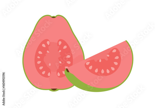 Two pink guavas one halved one wedge with green skin and seeds visible