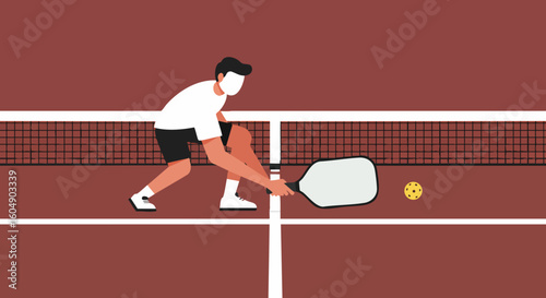 Man playing pickleball hitting ball with paddle on court