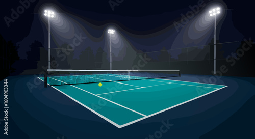 Empty Tennis Court Night Game Under Bright Lights Sport Match Ball