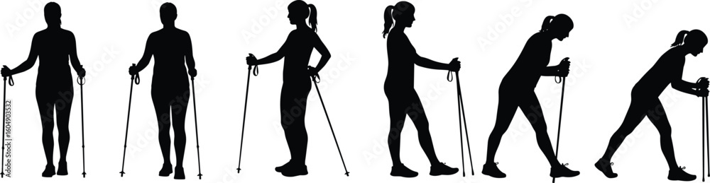 Fototapeta premium Nordic walking silhouette, active woman with poles, fitness training, outdoor workout, healthy lifestyle, black vector illustration, exercise, wellness, motion