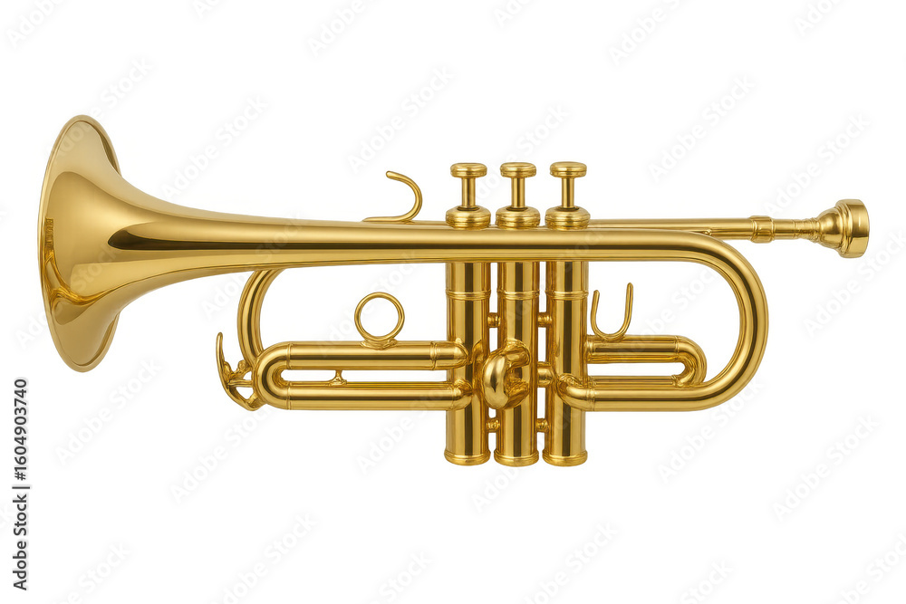 Fototapeta premium Golden trumpet resting horizontally on a transparent background, poised for an enchanting musical performance