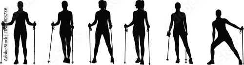 Nordic walking silhouette, people using poles, outdoor exercise, full body workout, healthy lifestyle, minimal vector illustration, black design, motion, fitness