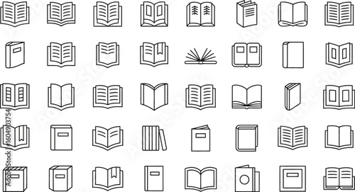 Collection of hand drawn book icons showing different open and closed positions