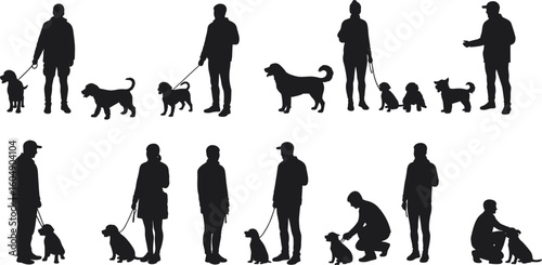 People walking dogs silhouette, pet owners and animals, dog leash training, outdoor bonding, companionship, activity, black vector design, minimalist art, playful