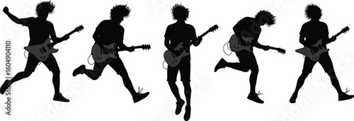 Rock guitarist silhouettes, electric guitar performance, energetic music moment, live concert art, dynamic stage presence, powerful entertainment, artistic music expression