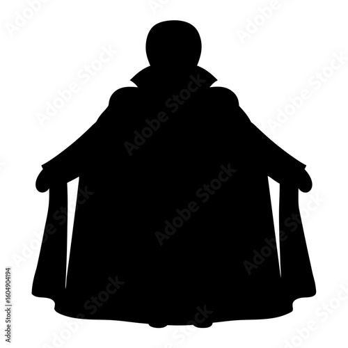 A silhouette of a figure wearing a dramatic cloak with wide collar