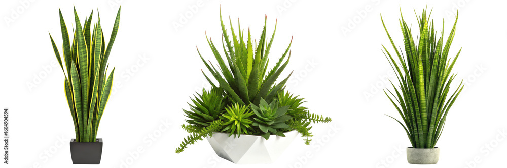 Fototapeta premium Three varieties of snake plants in different pots showcasing their tall, slender leaves.